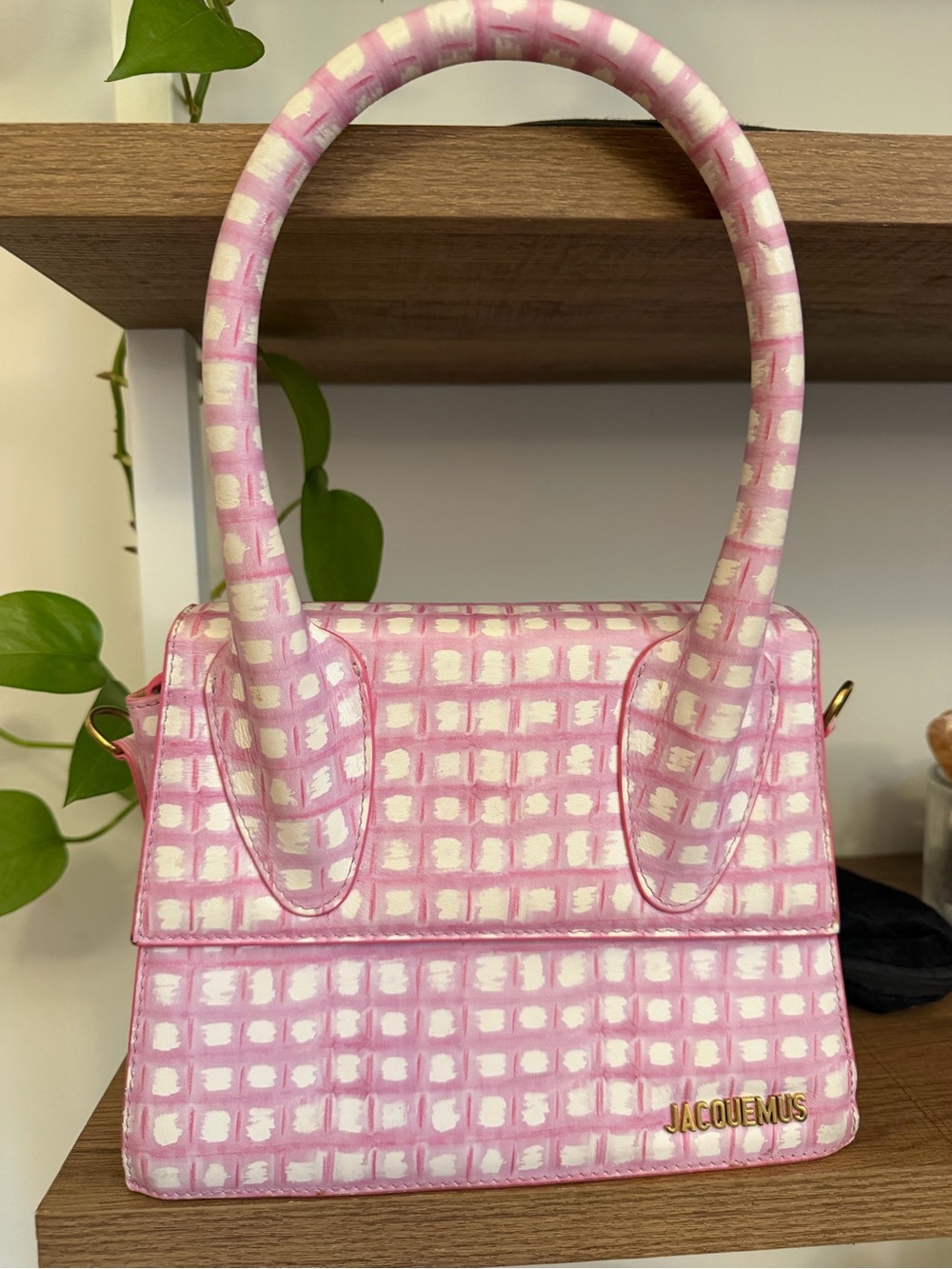 Jacquemus Pink and White Check Leather Satchel
